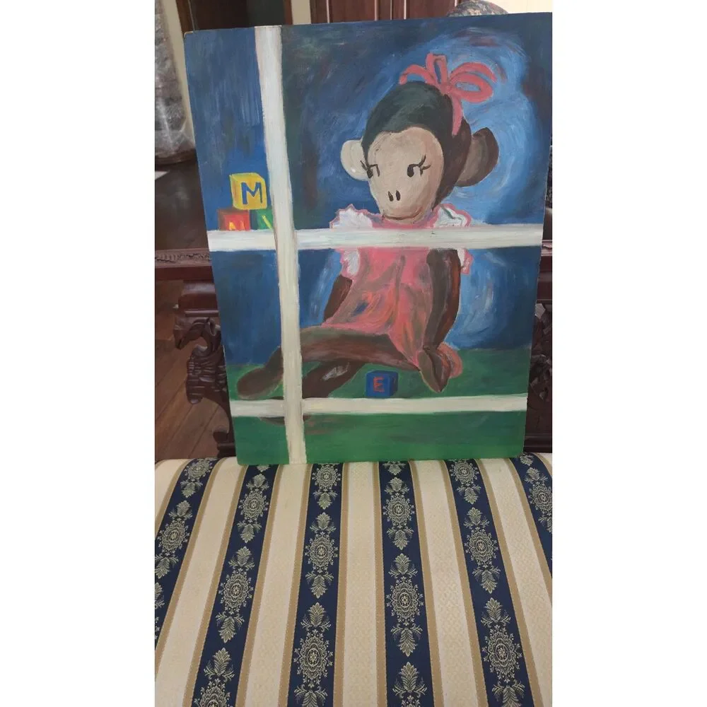 Vintage Style Whimsical Girl Monkey Nursery Folk Art Painting Original Canvas